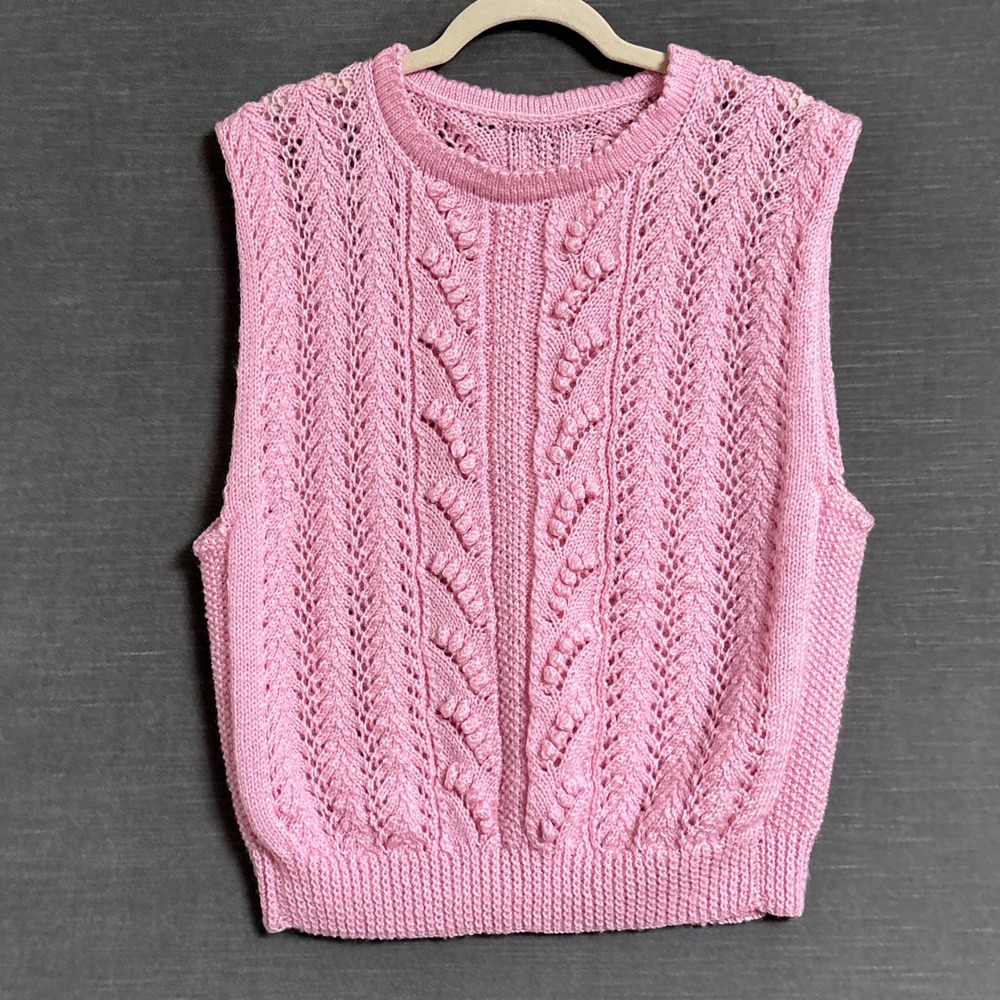 Handknit Sweater Vest M Pink Pointelle Cable Bobble Sleeveless Retro Cottage